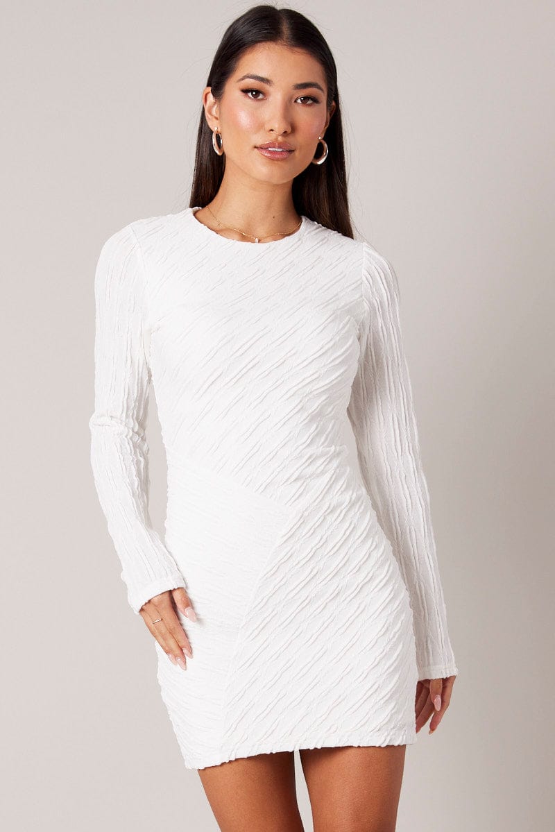 White Bodycon Dress Mini Long Sleeve Textured for Ally Fashion