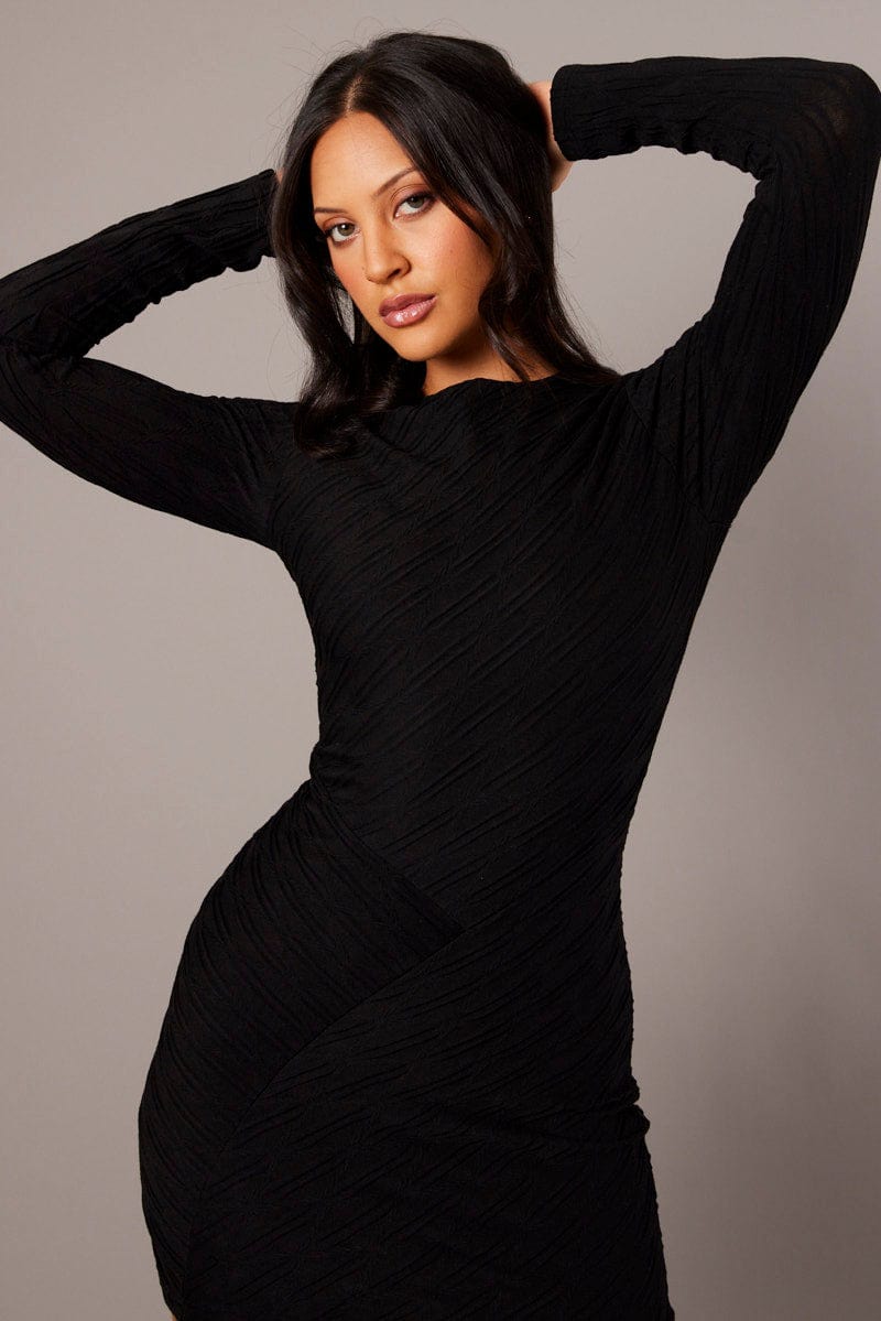 Black Bodycon Dress Mini Long Sleeve Textured for Ally Fashion