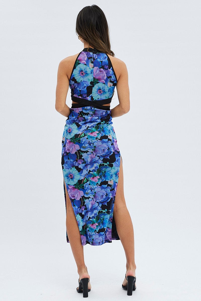 Multi Floral Cut Out Crossover High Neck Mesh Maxi Dress for Ally Fashion