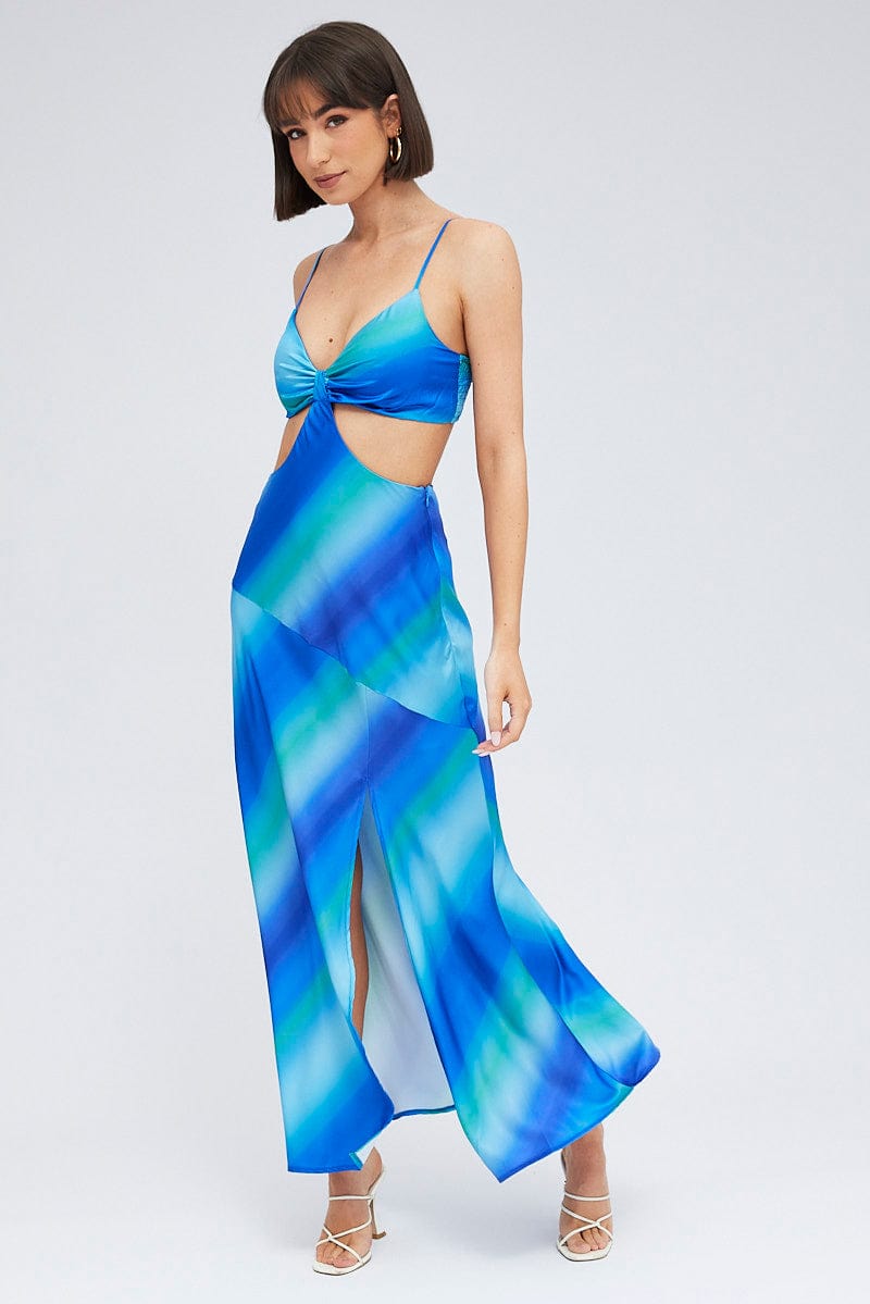 Blue Print Strappy Dress Maxi Ombre Cut Out Satin for Ally Fashion