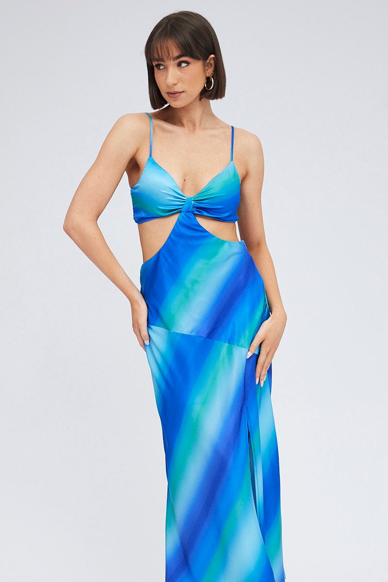 Blue Print Strappy Dress Maxi Ombre Cut Out Satin for Ally Fashion