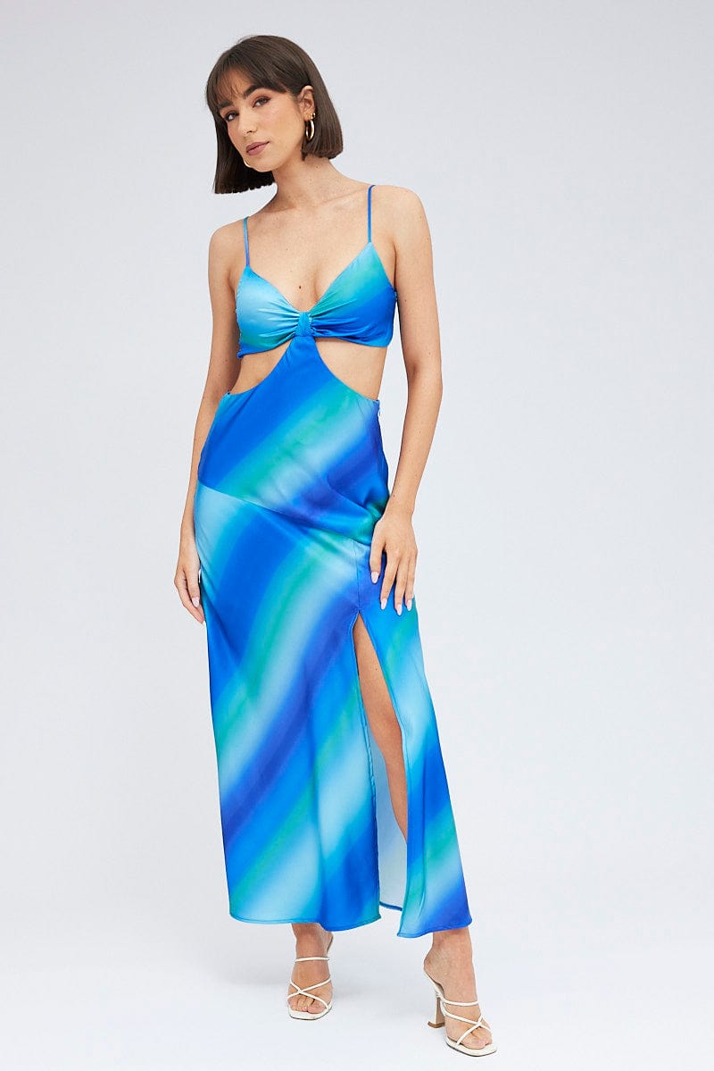 Blue Print Strappy Dress Maxi Ombre Cut Out Satin for Ally Fashion