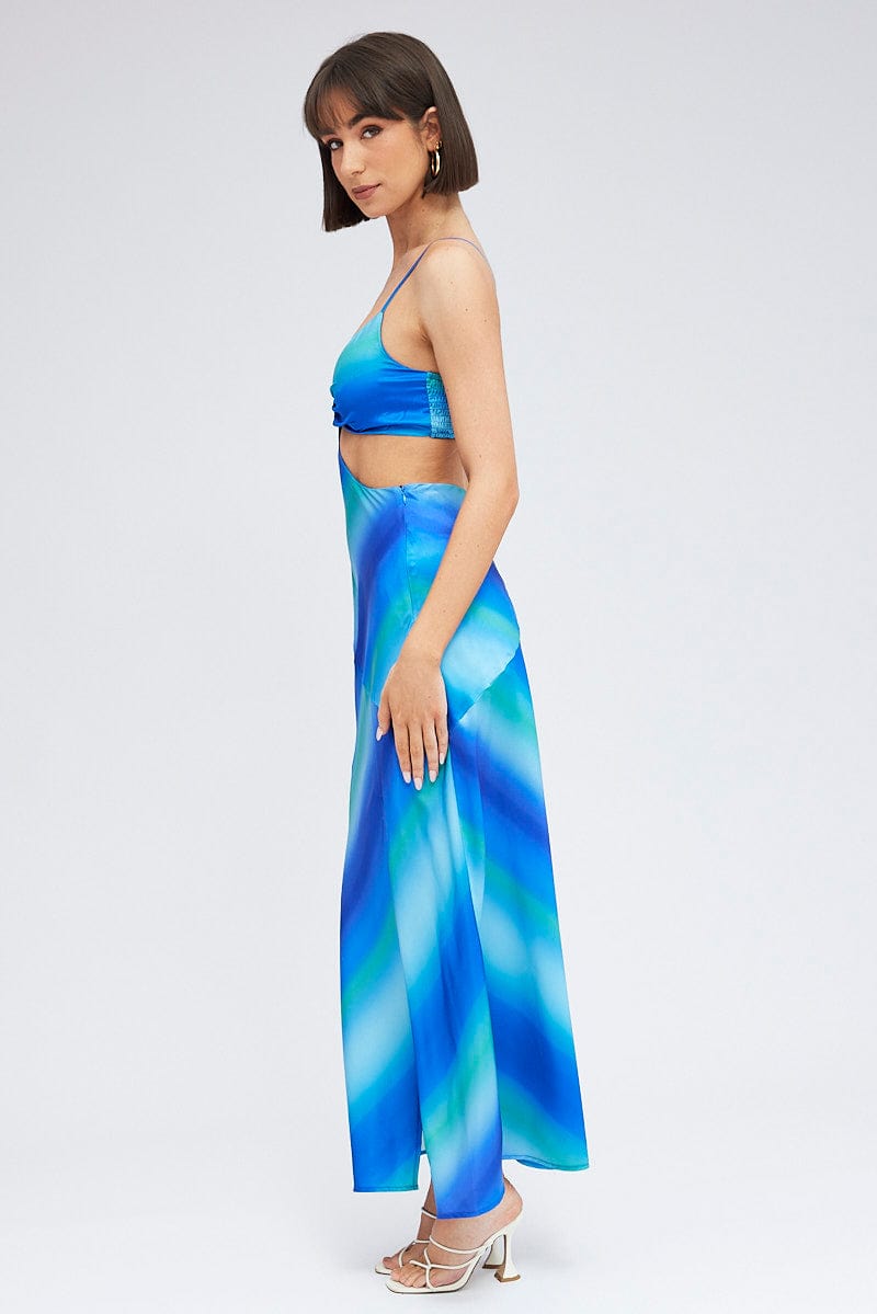 Blue Print Strappy Dress Maxi Ombre Cut Out Satin for Ally Fashion