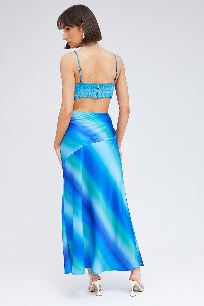 Blue Print Strappy Dress Maxi Ombre Cut Out Satin for Ally Fashion