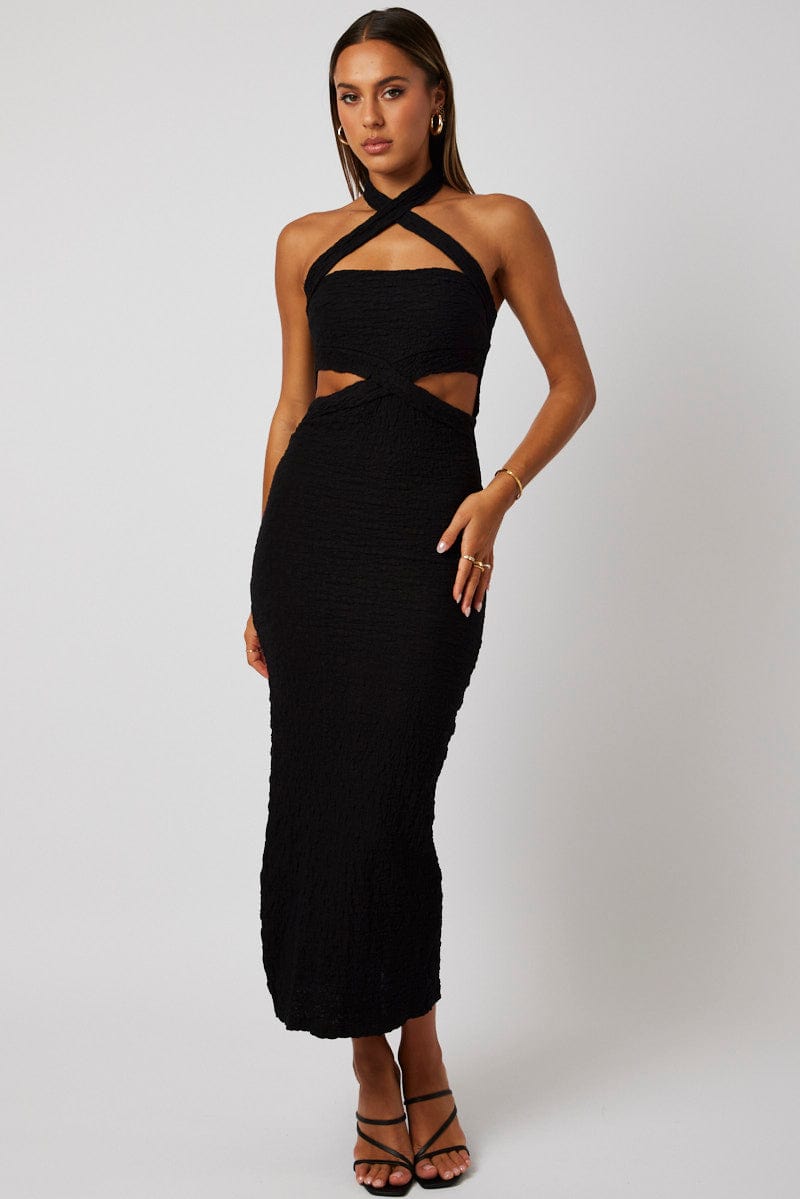 Black Bodycon Dress Sleeveless Textured | Ally Fashion