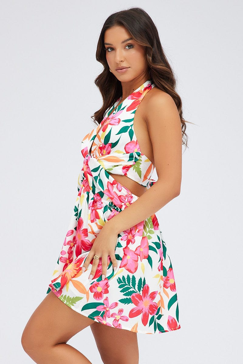 Multi Floral Halter Dress Gathered Cut Out Tie Back for Ally Fashion