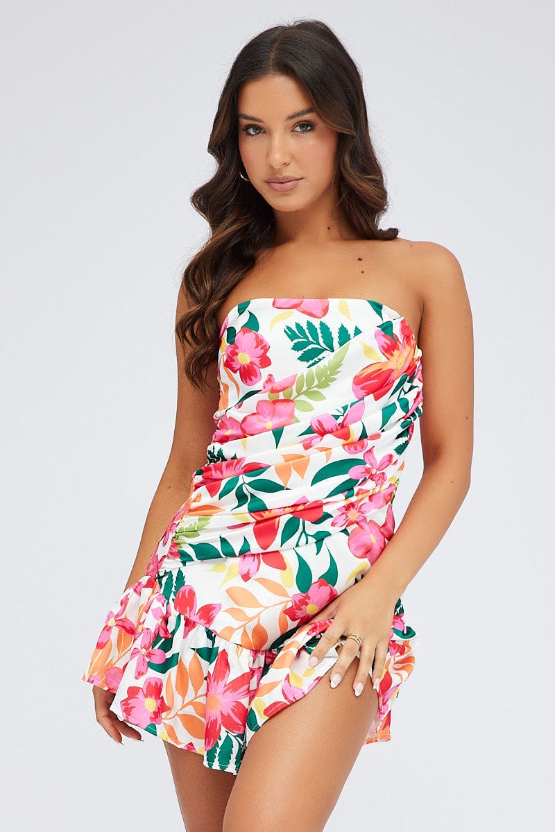 Multi Floral Ruched Dress Strapless Bandeau Ruffle Mini for Ally Fashion
