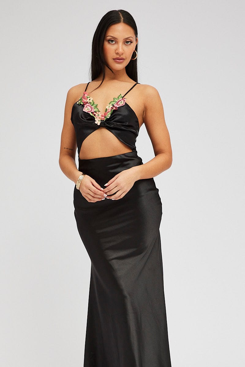 Black Maxi Dress Satin Flower Embroidery Applique for Ally Fashion