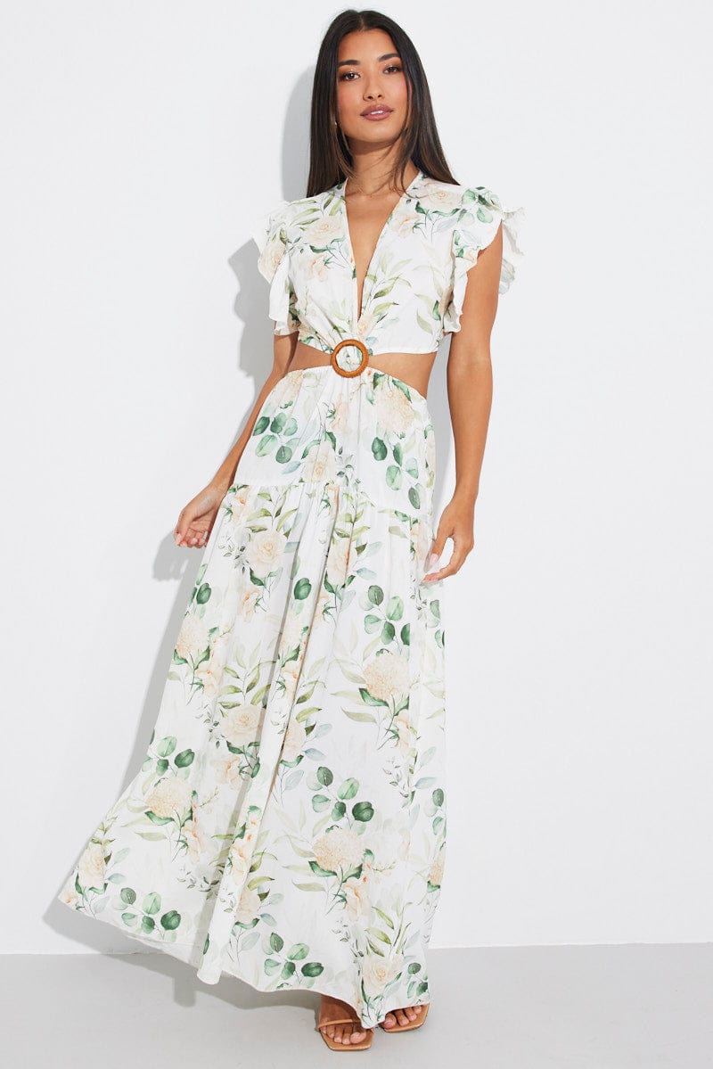 White Floral Butterfly Sleeve Maxi Dress With Raffia Buckle for Ally Fashion