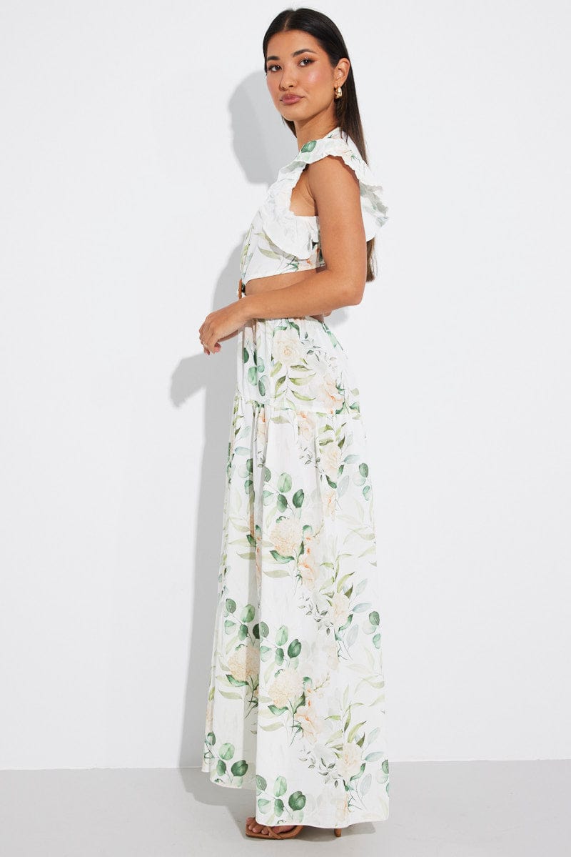 White Floral Butterfly Sleeve Maxi Dress With Raffia Buckle for Ally Fashion