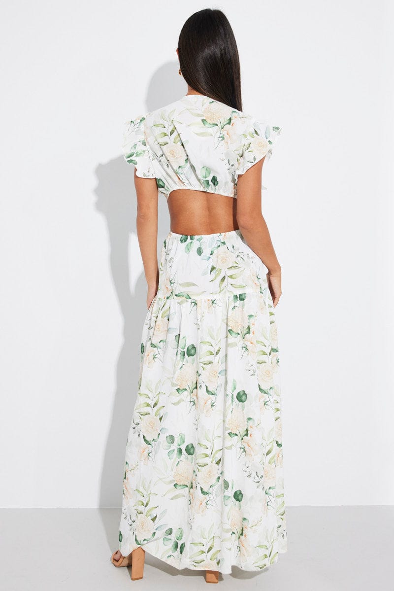 White Floral Butterfly Sleeve Maxi Dress With Raffia Buckle for Ally Fashion