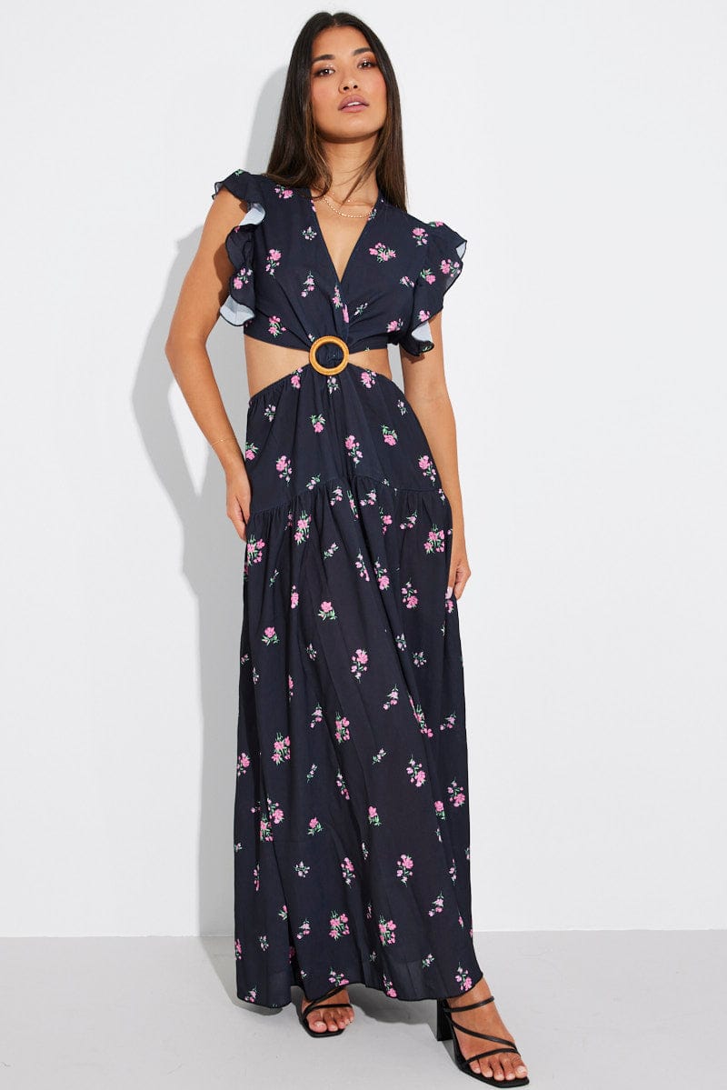 Black Floral Maxi Dress Flutter Ruffle Shoulder Buckle Dress for Ally Fashion