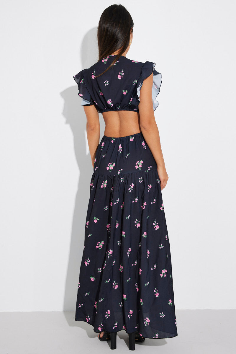 Black Floral Maxi Dress Flutter Ruffle Shoulder Buckle Dress for Ally Fashion