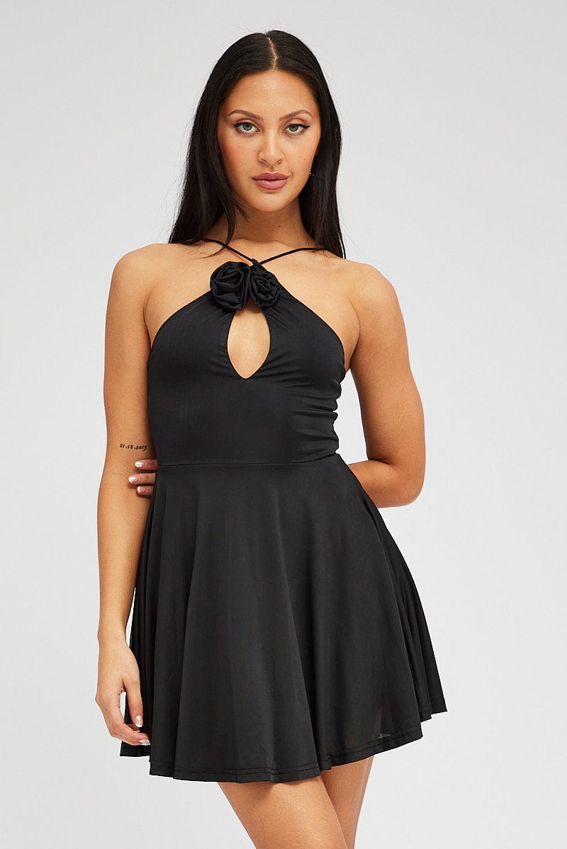 Black Rose Flower Dress Keyhole Strappy Swishy Dress for Ally Fashion