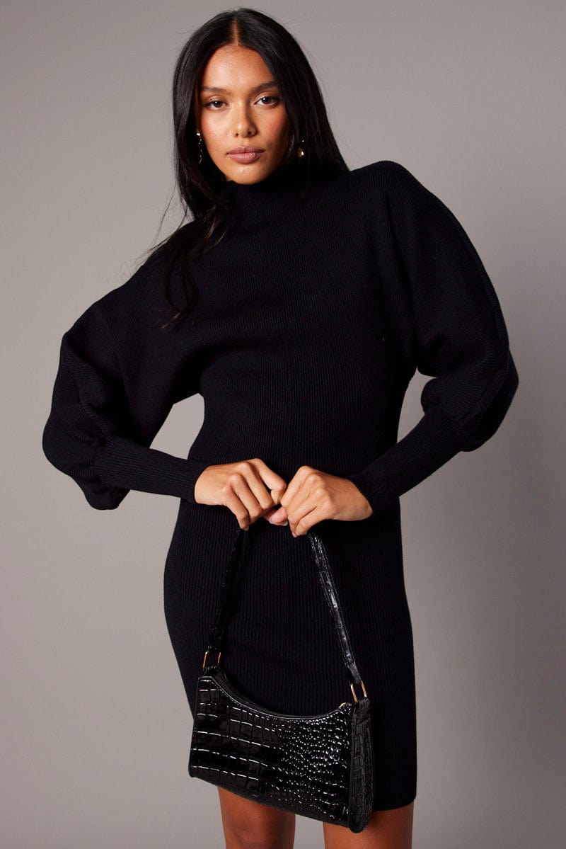 Black Knit Dress Long Sleeve Mini for Ally Fashion