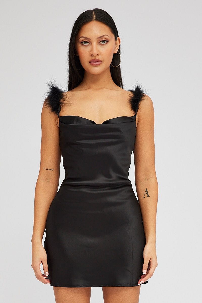 Black Feather Shoulder Satin Slip Dress for Ally Fashion