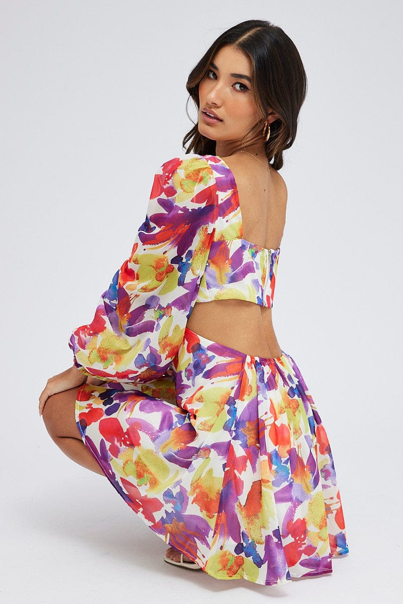 Multi Floral Dress Watercolour Print Ring Front Balloon Sleeve for Ally Fashion