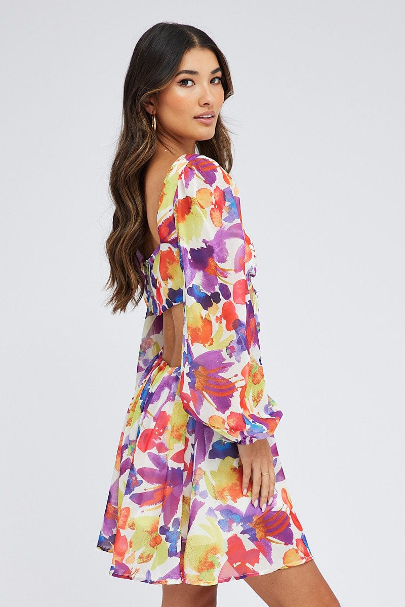 Multi Floral Dress Watercolour Print Ring Front Balloon Sleeve for Ally Fashion