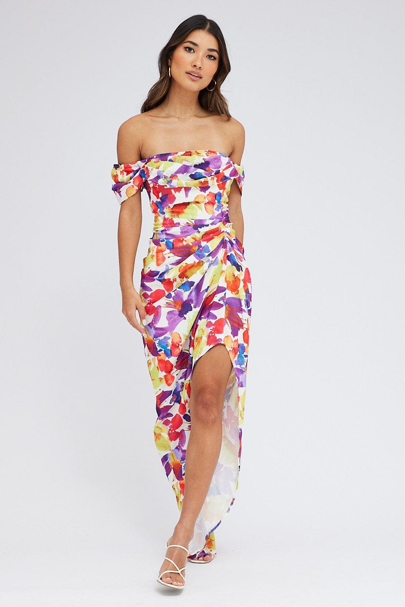 Multi Floral Bardot Dress Draped Midi Watercolour Print for Ally Fashion