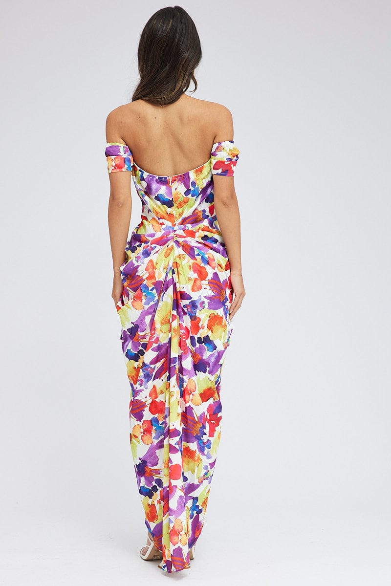 Multi Floral Bardot Dress Draped Midi Watercolour Print for Ally Fashion