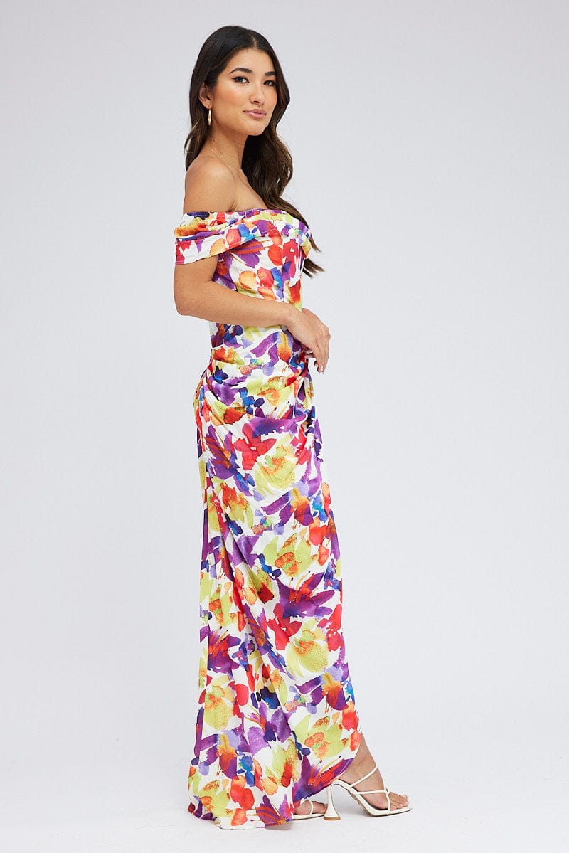 Multi Floral Bardot Dress Draped Midi Watercolour Print for Ally Fashion