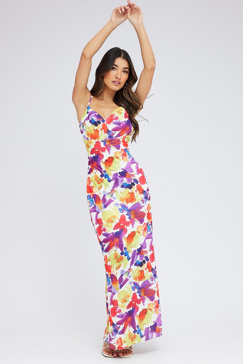 Multi Floral Maxi Dress Slip Cami Watercolour Print for Ally Fashion