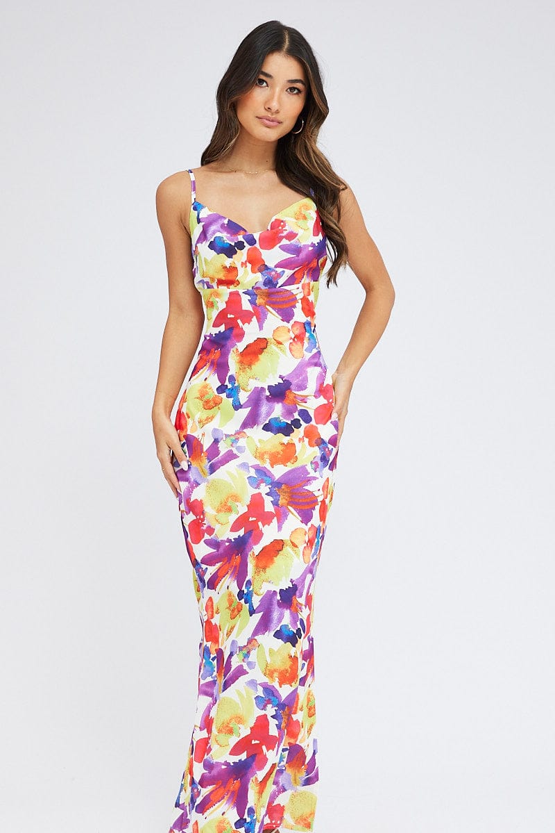 Multi Floral Maxi Dress Slip Cami Watercolour Print for Ally Fashion