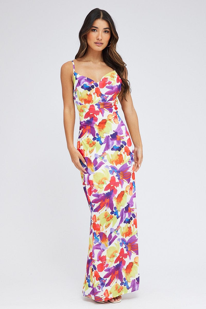 Multi Floral Maxi Dress Slip Cami Watercolour Print for Ally Fashion