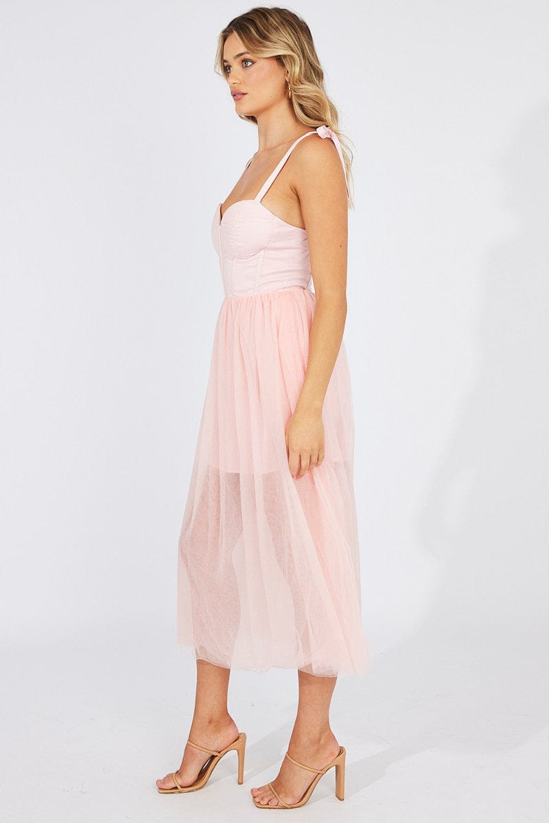 Pink Midi Dress Tulle Corset Detail Occasion Dress for Ally Fashion