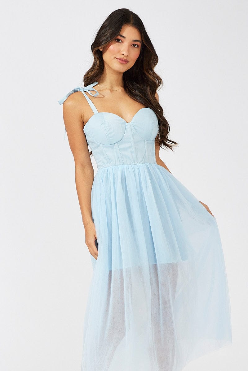 Blue Midi Dress Tulle Corset Detail Occasion Dress for Ally Fashion