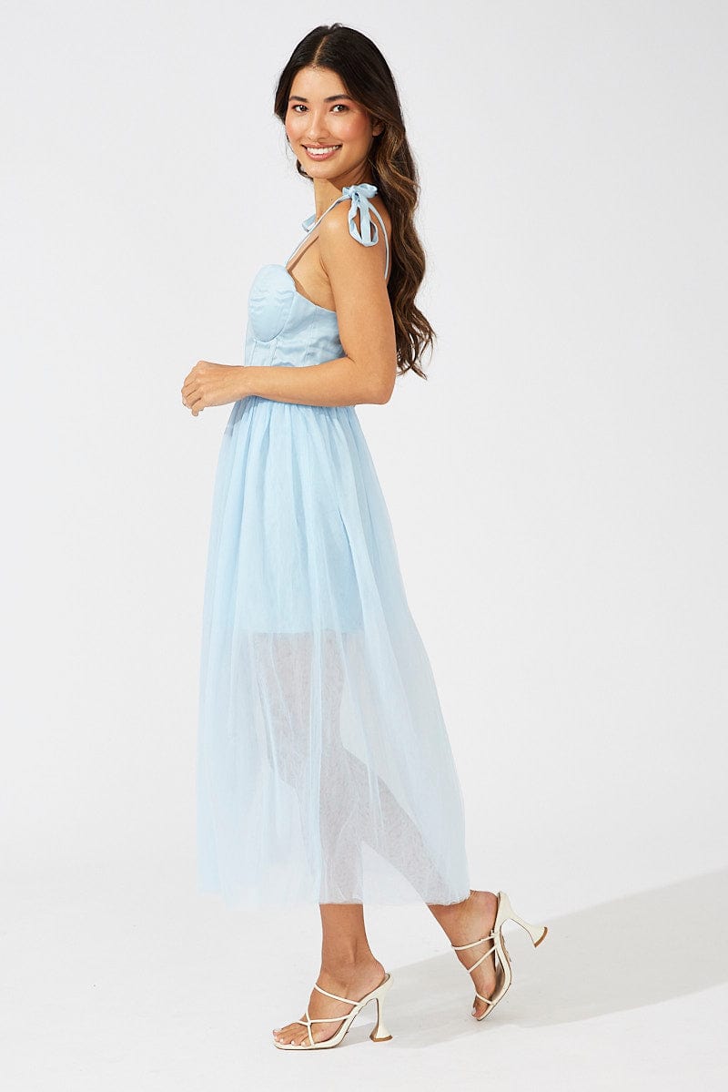 Blue Midi Dress Tulle Corset Detail Occasion Dress for Ally Fashion