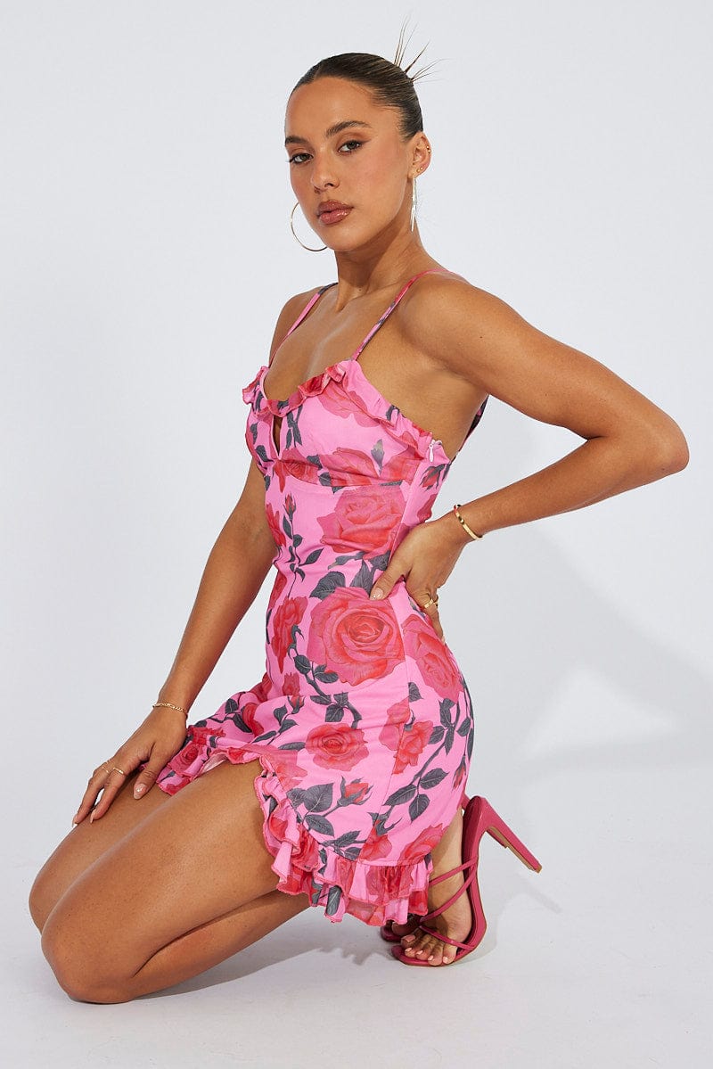 Multi Floral Mini Dress Strappy Ruffle Keyhole Detail for Ally Fashion