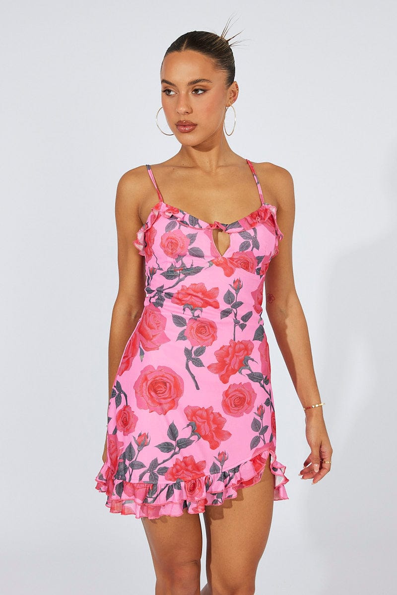 Multi Floral Mini Dress Strappy Ruffle Keyhole Detail for Ally Fashion