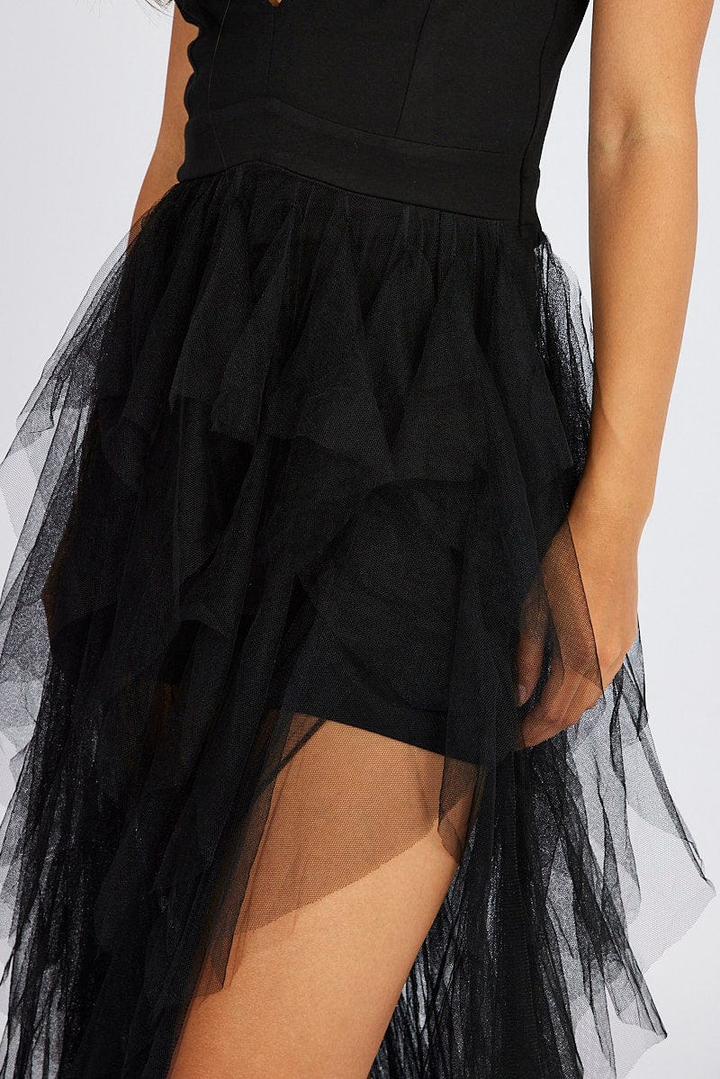Black Tulle Maxi Dress Tiered Ruffles Plunging Dress for Ally Fashion