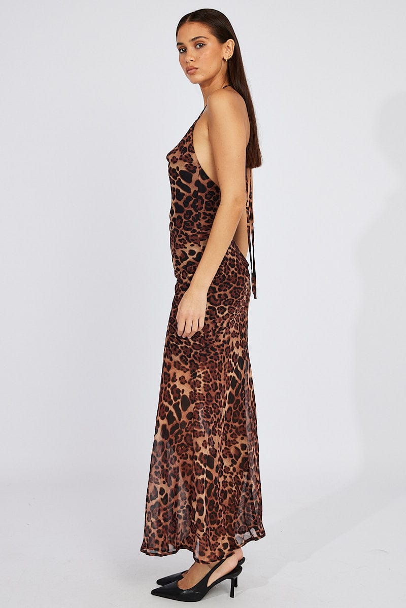 Brown Animal Print Leopard Maxi Halter Neck Mermaid Maxi Dress for Ally Fashion