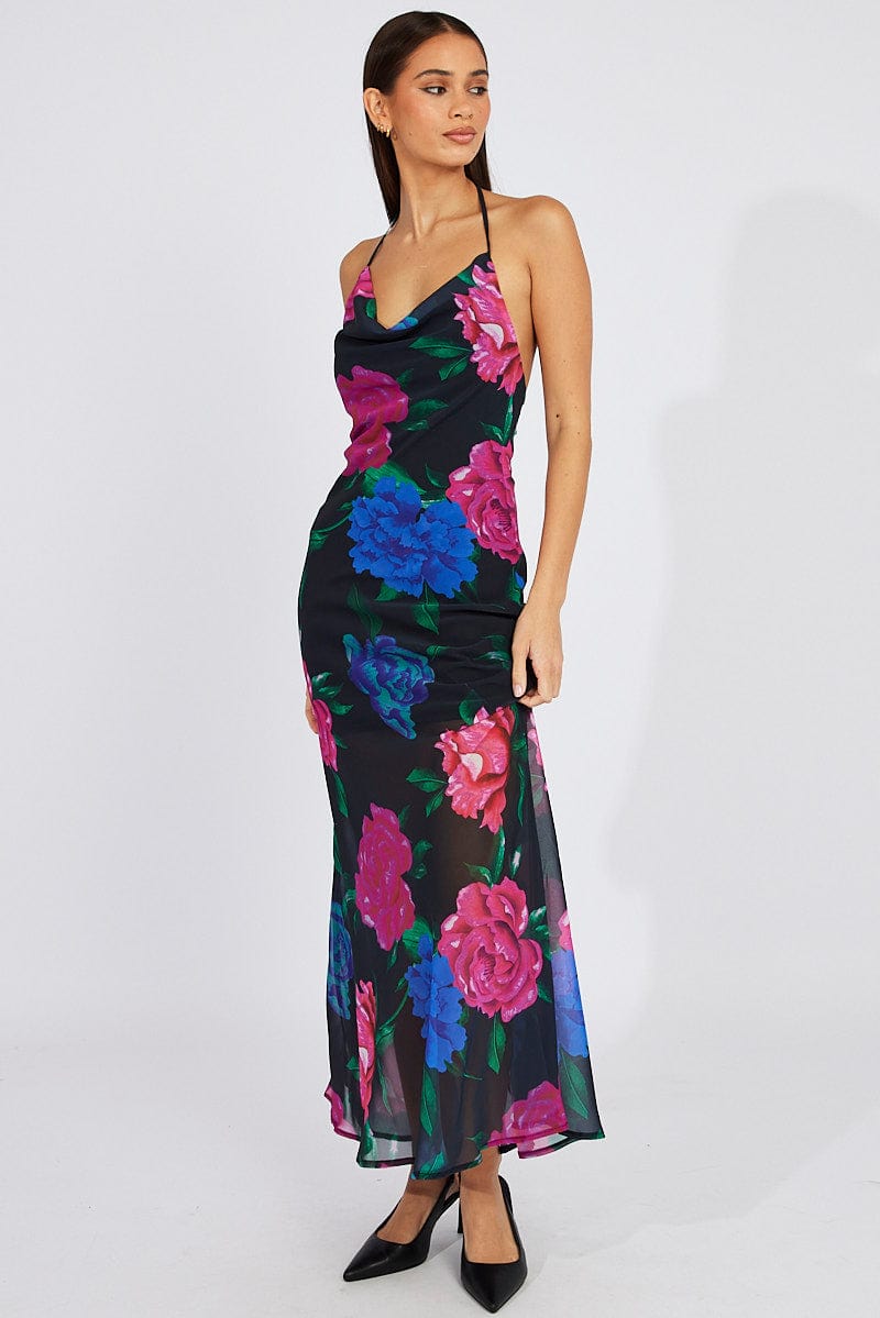 Black Floral Bouquet Maxi Halter Neck Mermaid Maxi Dress for Ally Fashion