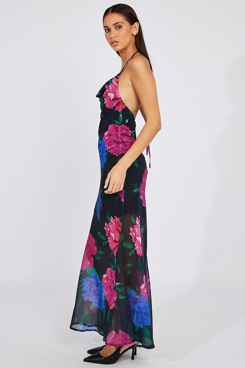 Black Floral Bouquet Maxi Halter Neck Mermaid Maxi Dress for Ally Fashion