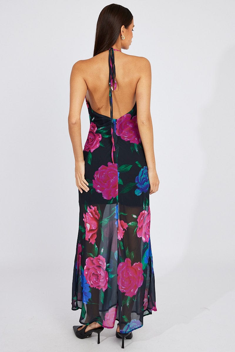 Black Floral Bouquet Maxi Halter Neck Mermaid Maxi Dress for Ally Fashion