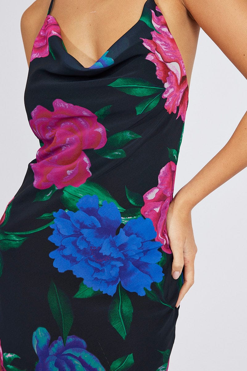 Black Floral Bouquet Maxi Halter Neck Mermaid Maxi Dress for Ally Fashion