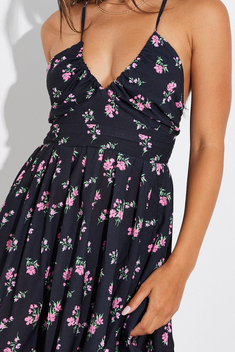 Black Floral Ruched Swishy Dress Strappy Gathered Skater Dress for Ally Fashion
