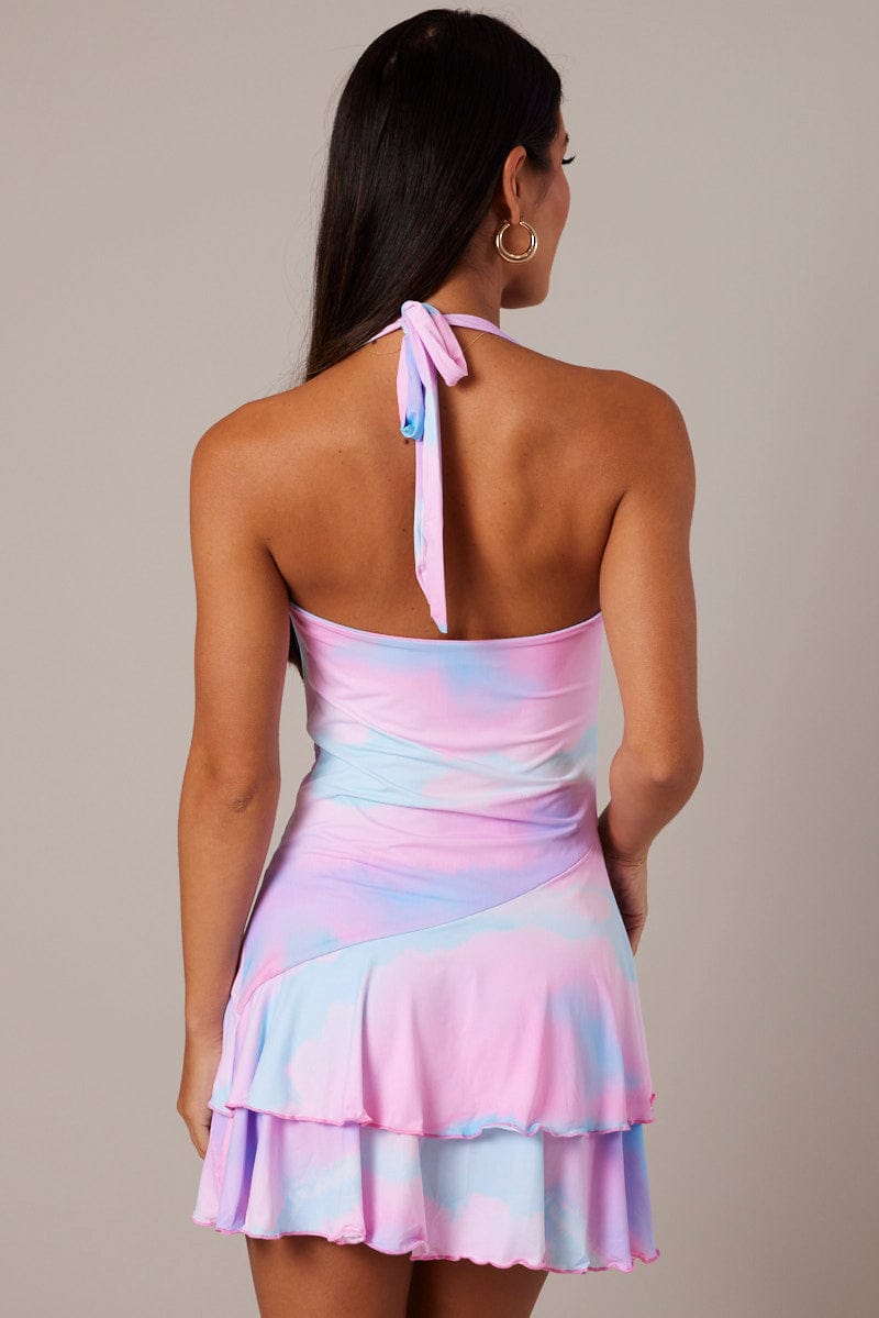 Pink Abstract Halter Dress Cowl Neck Layered Skater Dress for Ally Fashion