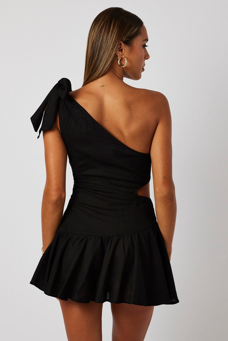 Black One Shoulder Dress Bow Cut Out Swishy Dress for Ally Fashion