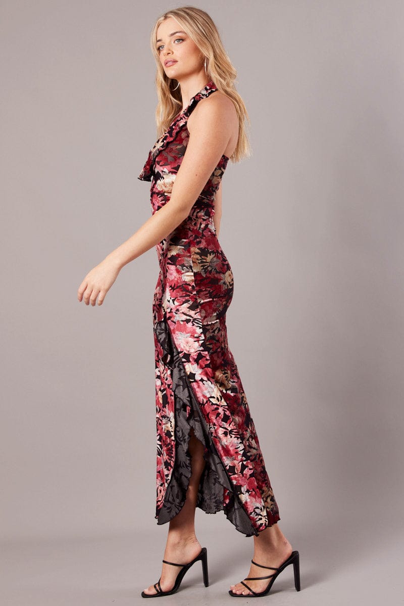 Black Floral Devore Maxi Dress Burnout Velvet Ruffle Dress for Ally Fashion