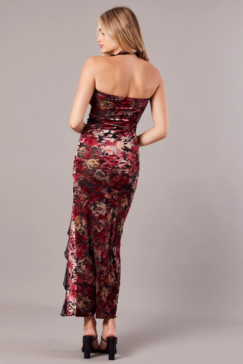 Black Floral Devore Maxi Dress Burnout Velvet Ruffle Dress for Ally Fashion