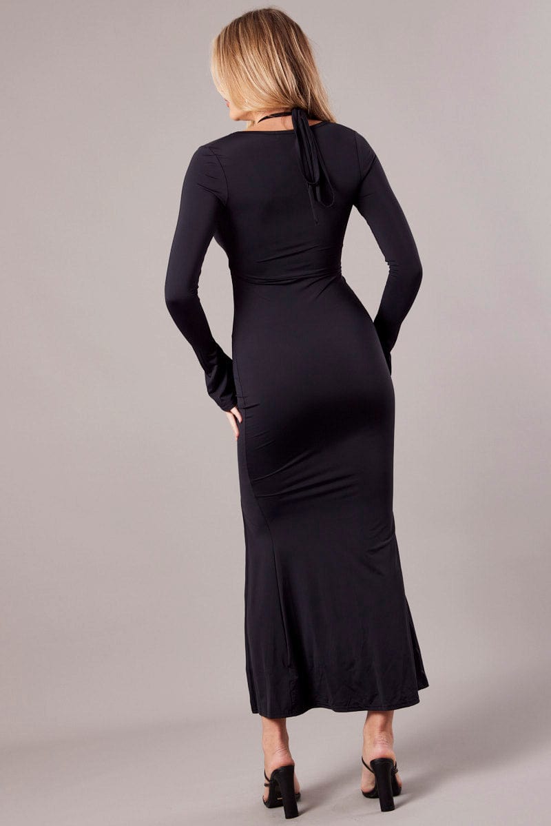 Black Maxi Dress Strappy Flared Sleeve Bodycon Dress for Ally Fashion