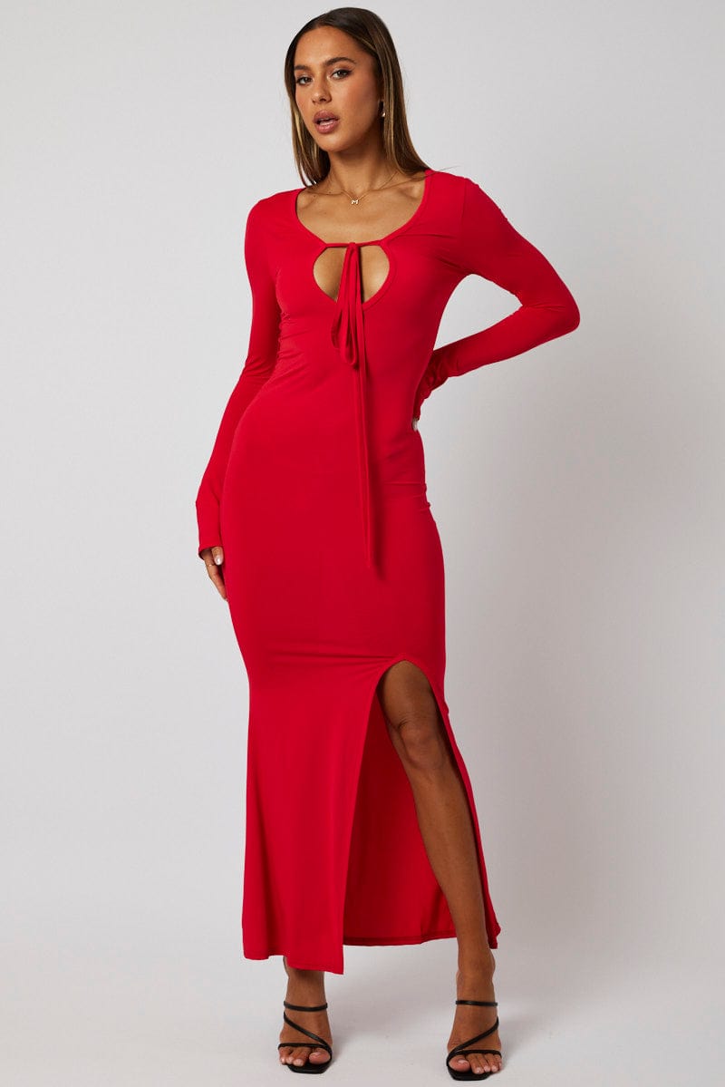Red Maxi Dress Strappy Flared Sleeve Bodycon Dress for Ally Fashion