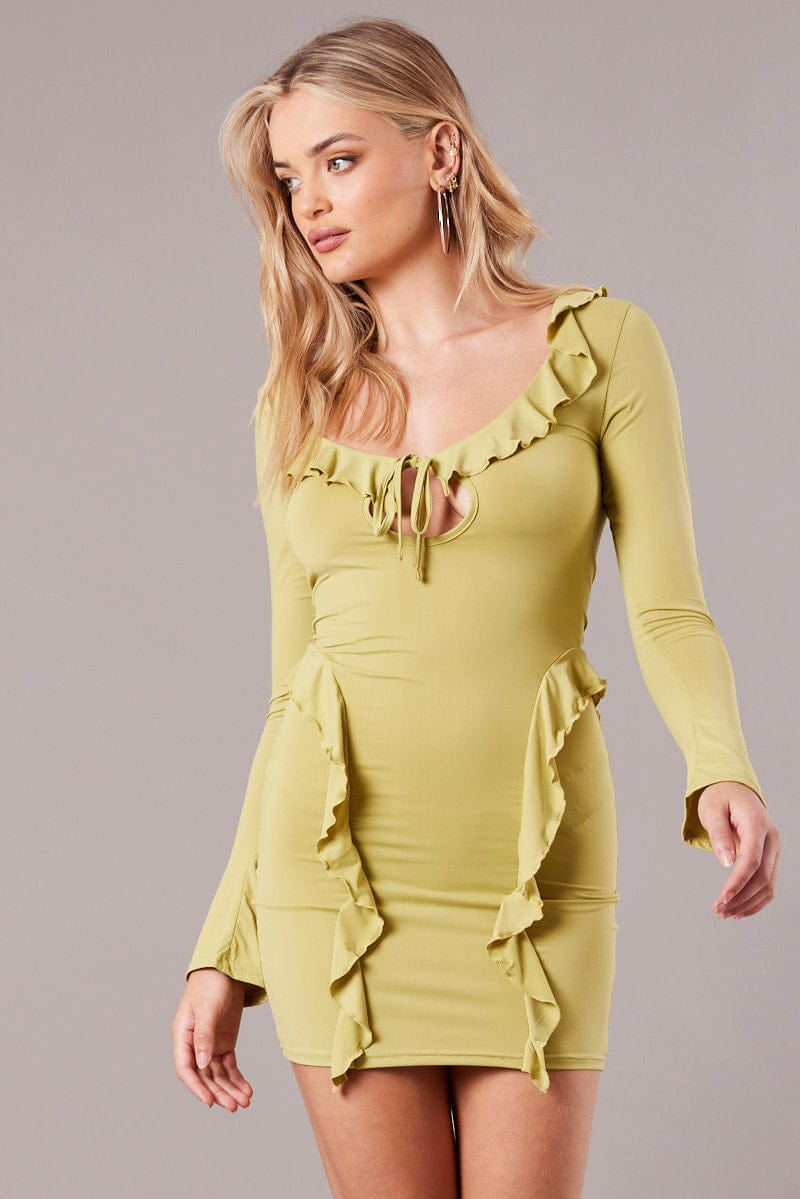Green Ruffle Mini Dress Bell Cuff Bodycon Dress for Ally Fashion
