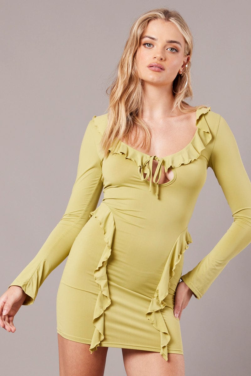 Green Ruffle Mini Dress Bell Cuff Bodycon Dress for Ally Fashion