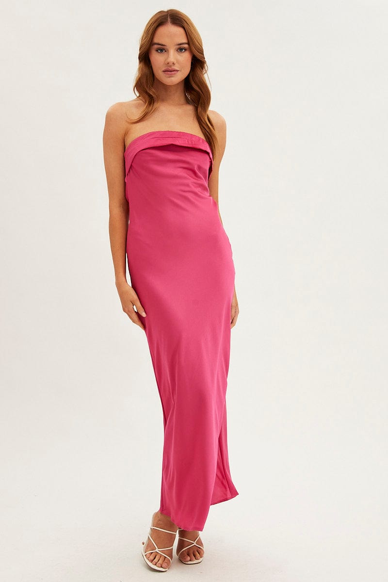Pink Maxi Dress Strapless Satin Party for Ally Fashion