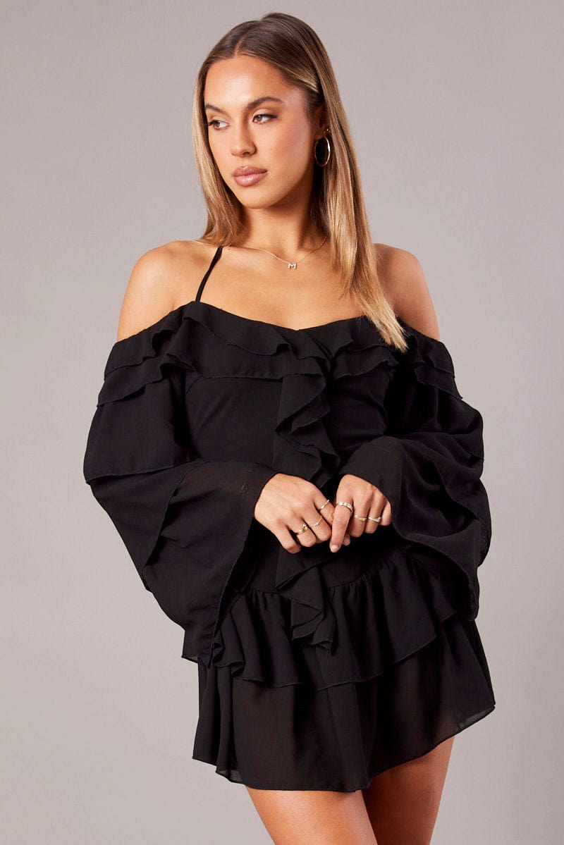 Black Ruffle Dress Bardot Layered Frill Sleeve Dress | Ally Fashion